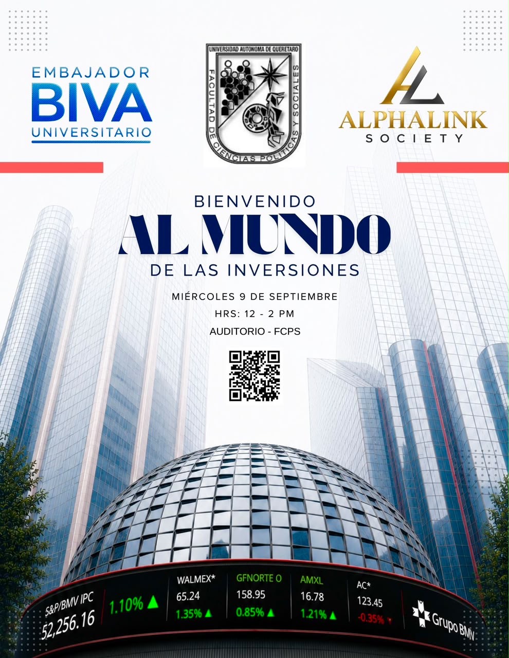 Cartel de Bienvenido al mundo de las inversiones: convocatoria del 9 de septiembre de 2026, FCPS UAQ
