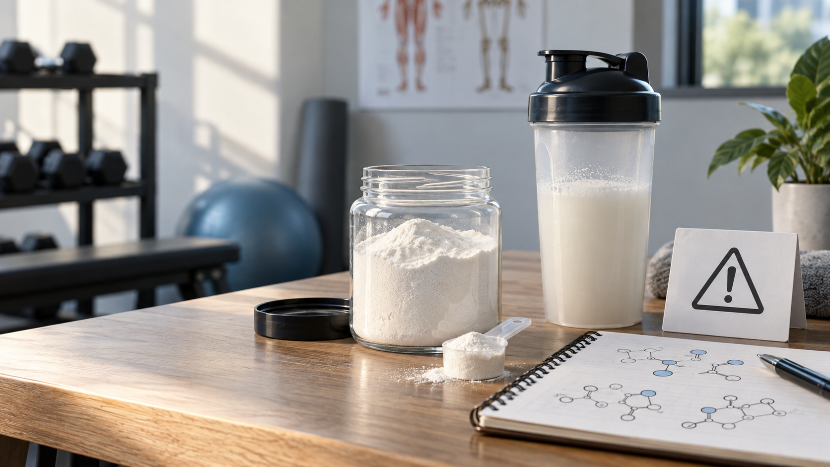 Recipiente sin marca con polvo, shaker de proteína y cuaderno con diagramas moleculares en un contexto de entrenamiento