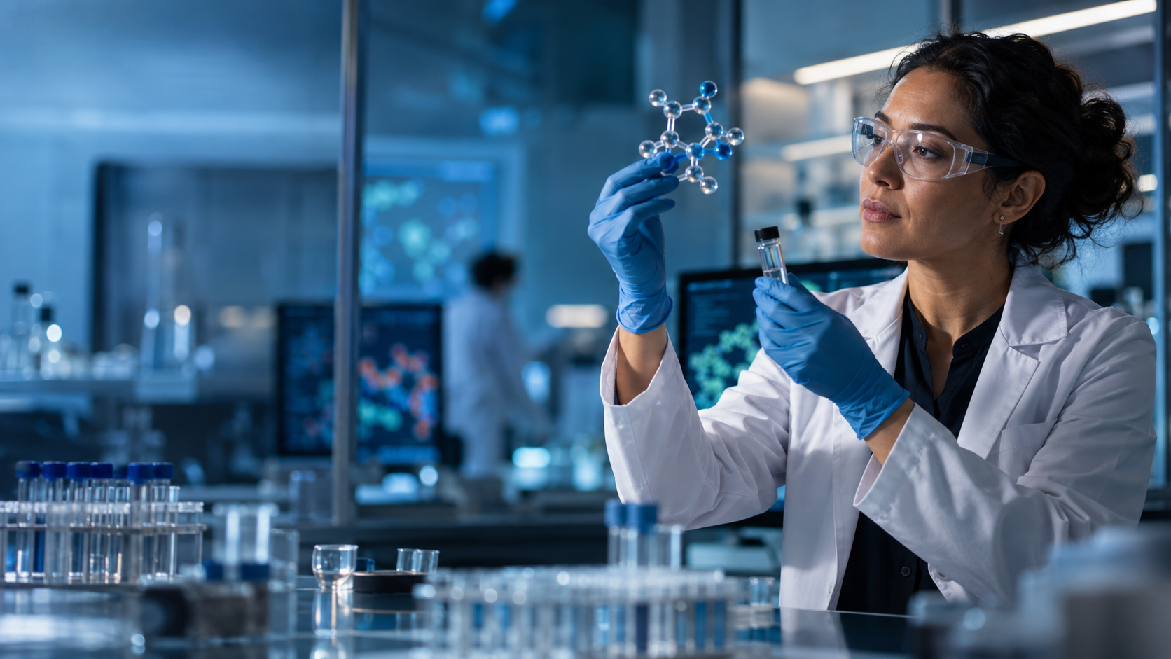 Científica en un laboratorio de investigación metabólica con un modelo molecular; ilustración editorial, no fotografía de un ensayo ni de un producto